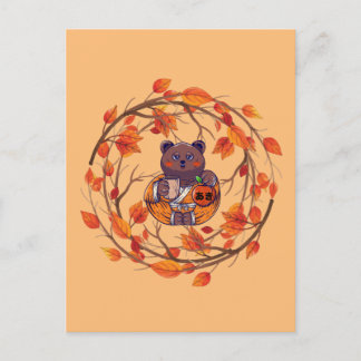 Kawaii Cute Japanese Cat Autumn, Funny Halloween, Postcard