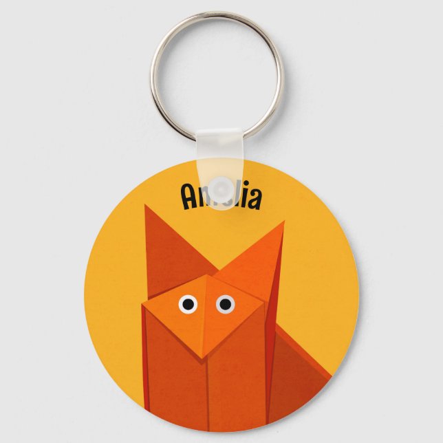 Kawaii Cute Origami Fox Geometric Art Yellow Name Keychain (Front)