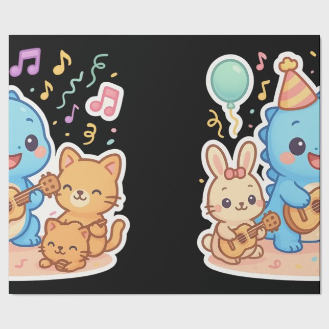 Kawaii Cute Party Collection – Dino & Friends Wrapping Paper (Seam)