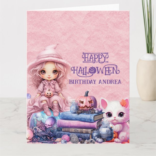 Kawaii Cute Pink Halloween  Card (Front)