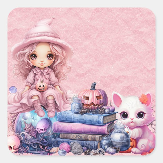Kawaii Cute Pink Halloween  Square Sticker (Front)