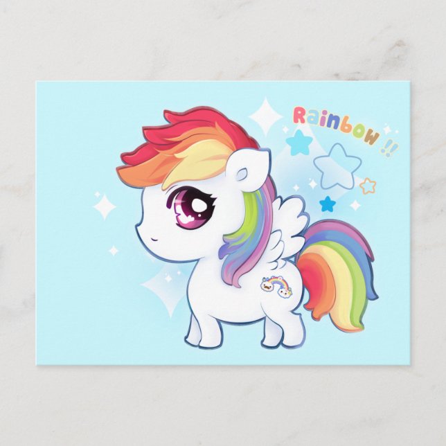Kawaii cute rainbow pony with sparkle stars postcard (Front)