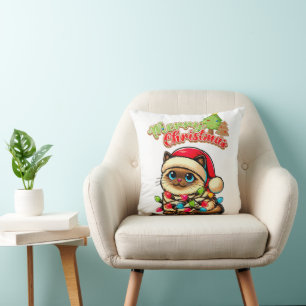 Kawaii Cute Siamese Cat Christmas Hat Xmas Throw Pillow