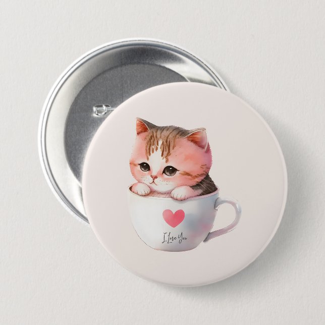 Kawaii Cute Striped Pink Chibi Cat 3 Inch Round Button (Front & Back)