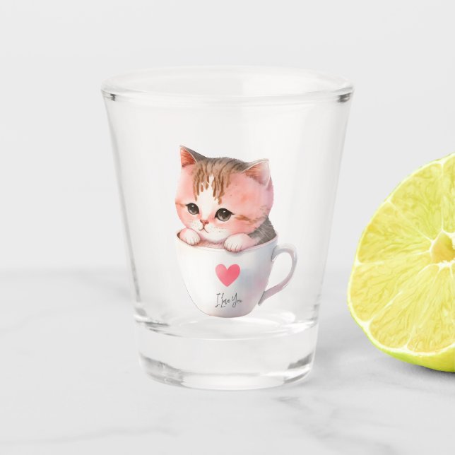 Kawaii Cute Striped Pink Chibi Cat Shot Glass (Front)