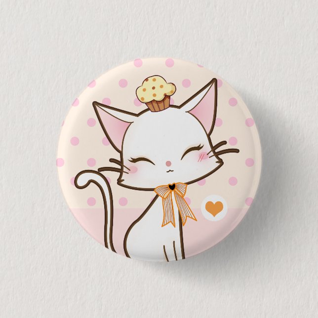 Kawaii cute white cat with cupcake 1 inch round button (Front)