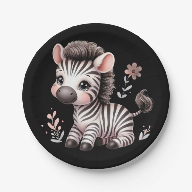 Kawaii Cute Zebra Wildlife Fun Black and White  Paper Plate (Front)