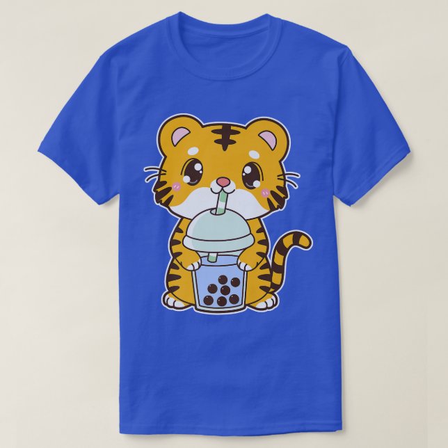 Kawaii Cute Zodiac Boba Tiger Blue Bubble Pearl Mi T-Shirt (Design Front)