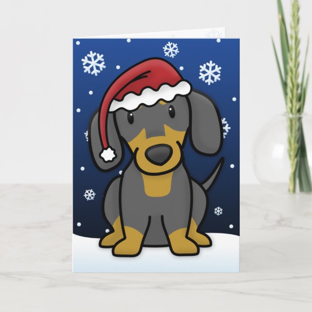 Kawaii Dachshund Christmas Card (Black & Tan) (Front)