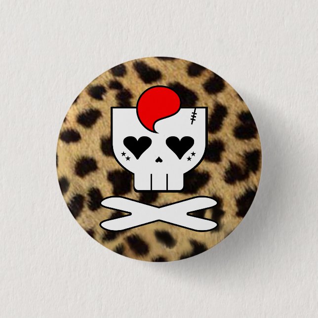 KAWAII DEATHROCK SKULL CHEETAH PRINT PIN BUTTON (Front)
