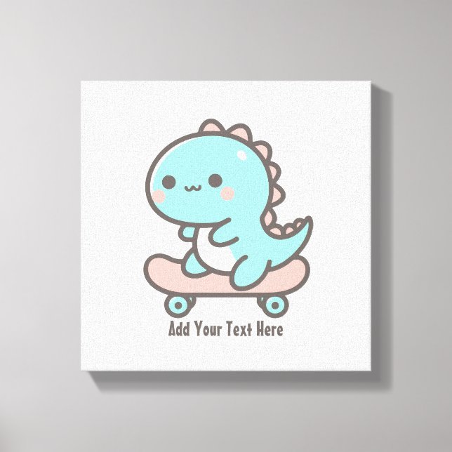 Kawaii Dino on Skateboard Personalized Text  Canvas Print (Front)