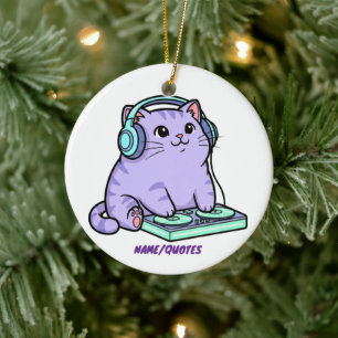 Kawaii DJ Cat Cartoon Illustration Ceramic Ornament