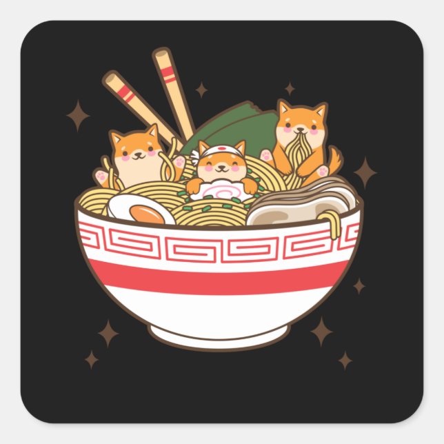 Kawaii dogs eating Ramen Square Sticker (Front)