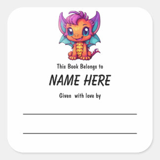 Kawaii Dragon Children's Bookplate With Message Square Sticker