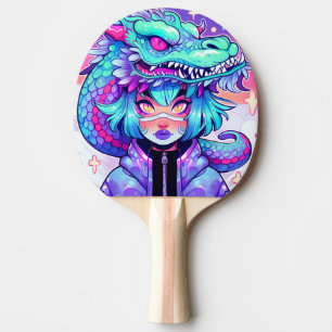 Kawaii Dragon Headdress Girl in Vaporwave Skies Ping Pong Paddle