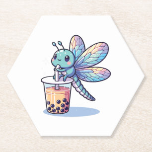 Kawaii Dragonflies Bubble Tea Boba Dragonfly Paper Coaster
