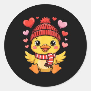 Kawaii Duck Valentines Day Hearts Winter Scarf  Classic Round Sticker