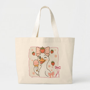 Kawaii Duck with Strawberry Ice Cream Large Tote Bag
