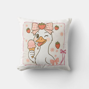 Kawaii Duck with Strawberry Ice Cream Throw Pillow