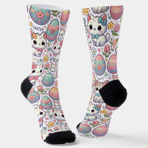 Kawaii Easter Cat Socks Cute Kitty & Colourful Egg
