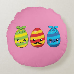 Kawaii Easter Eggs with Ribbons Round Pillow