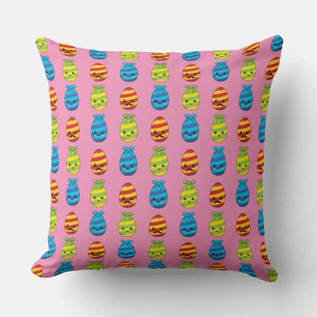 Kawaii Easter Eggs with Ribbons Throw Pillow (Front)