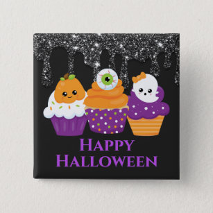 Kawaii Eyeball Pumpkin Ghost Halloween Cupcakes 2 Inch Square Button