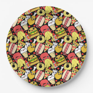 Kawaii Fast Foodie Characters Pattern Paper Plate