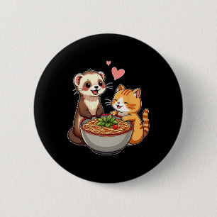 Kawaii Ferret And Cat Eating Ramen Cute Japanese A 2 Inch Round Button