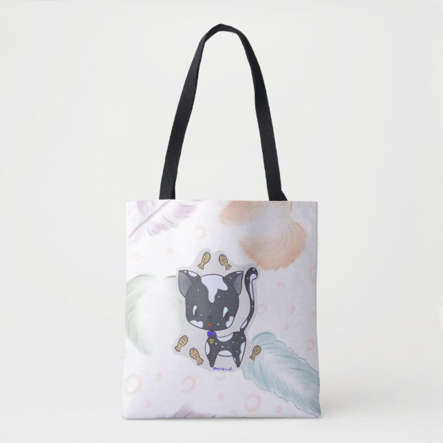 Kawaii Fish Cat with Feathers Tote Bag (Front)