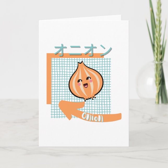 kawaii food- cute Onion, orange, turquoise Card (Front)