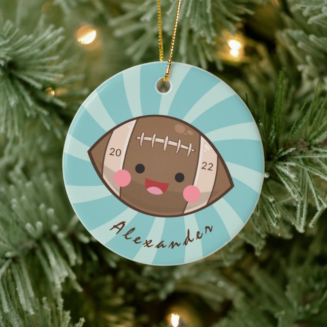 Kawaii Football Ball Kids Player's Name Team Year Ceramic Ornament (Tree)