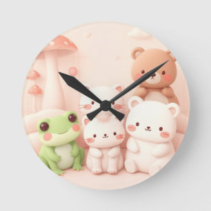 Kawaii Forest Friends Bear Frog and Bunny Nursery Round Clock