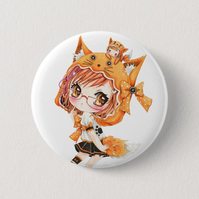 Kawaii fox girl 2 inch round button (Front)