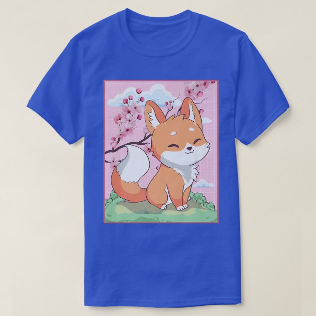 Kawaii Fox Japanese Kitsune Sakura Cherry Blossom  T-Shirt (Design Front)