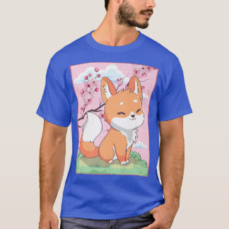 Kawaii Fox Japanese Kitsune Sakura Cherry Blossom  T-Shirt