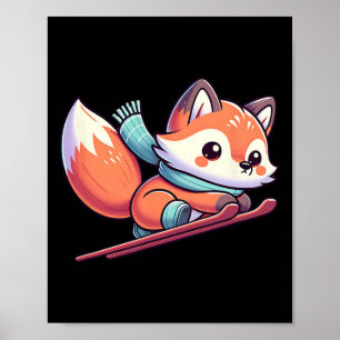Kawaii Fox On Skis Winter Sports Alpine Snow Fun Poster