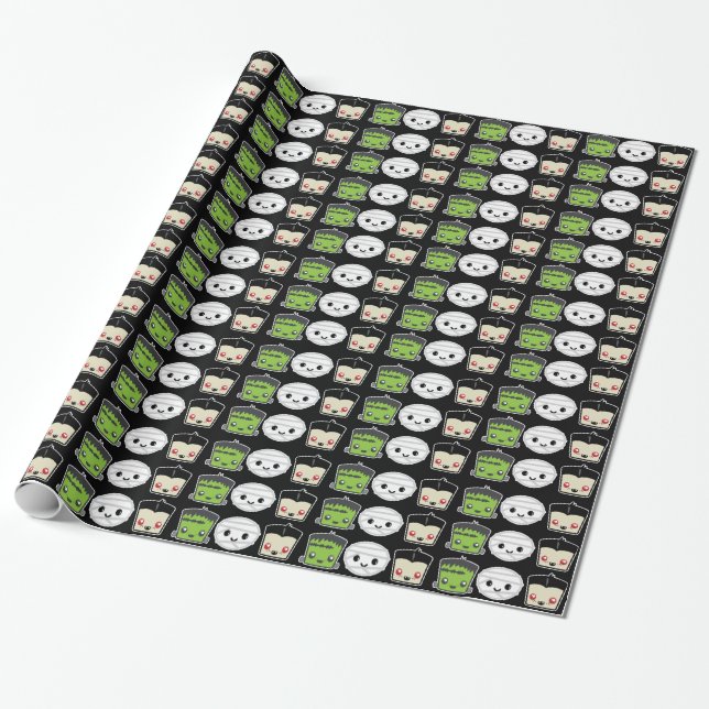 Kawaii Frankenstein Mummy Dracula Gift Wrap (Unrolled)