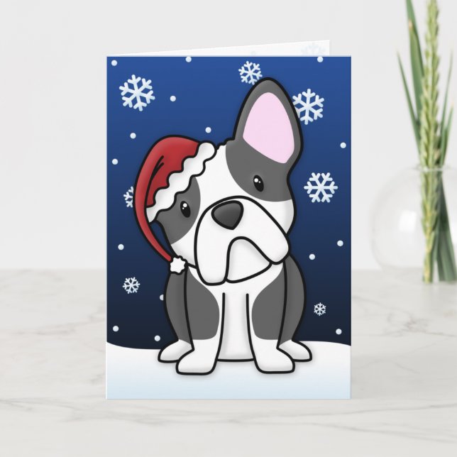 Kawaii French Bulldog Christmas Card (B&W) (Front)