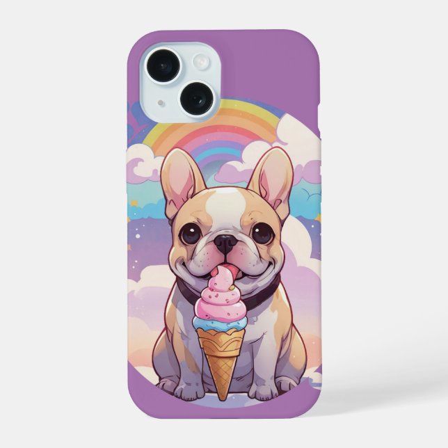 Kawaii French Bulldog Ice cream Rainbow iPhone 15 Case (Back)