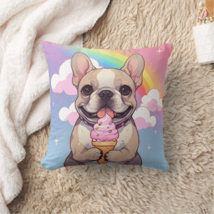 Kawaii French Bulldog Ice cream Rainbow Throw Pillow