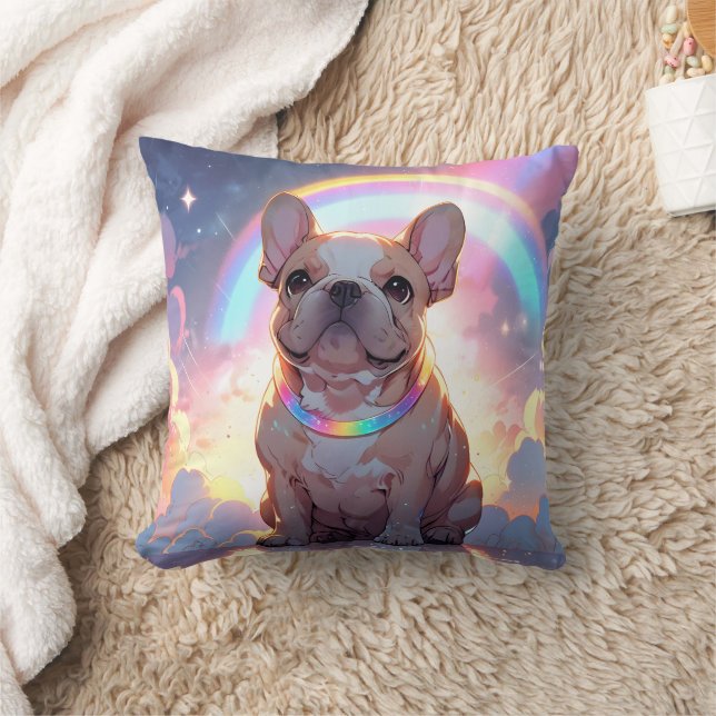 Kawaii French Bulldog Rainbow Clouds Throw Pillow (Blanket)