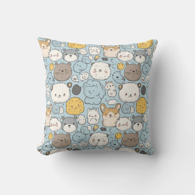 Kawaii Frenzy: Whimsical Doodle of Cute Animals Throw Pillow (Front)