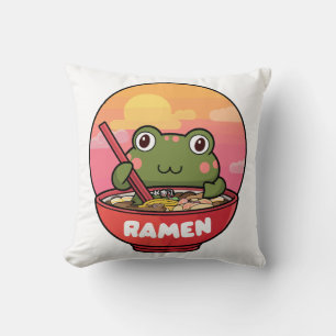 Kawaii frog eating ramen throw pillow