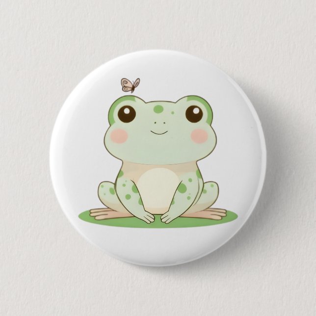 Kawaii Frog with Butterfly Cute Nature Design 2 Inch Round Button (Front)