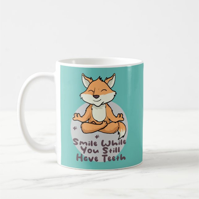 Kawaii funny fox smiling and doing yoga poses  coffee mug (Left)
