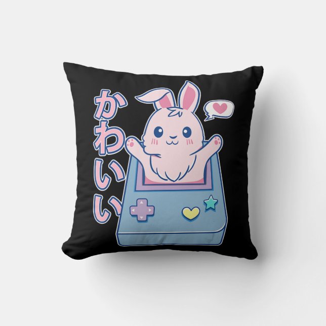 Kawaii Gamer Bunny - Rabbit Pastel Cute Throw Pillow (Front)