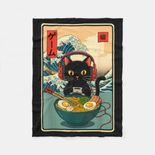 Kawaii Gamer Cat Ramen Retro Japanese Funny Cat Ga Fleece Blanket