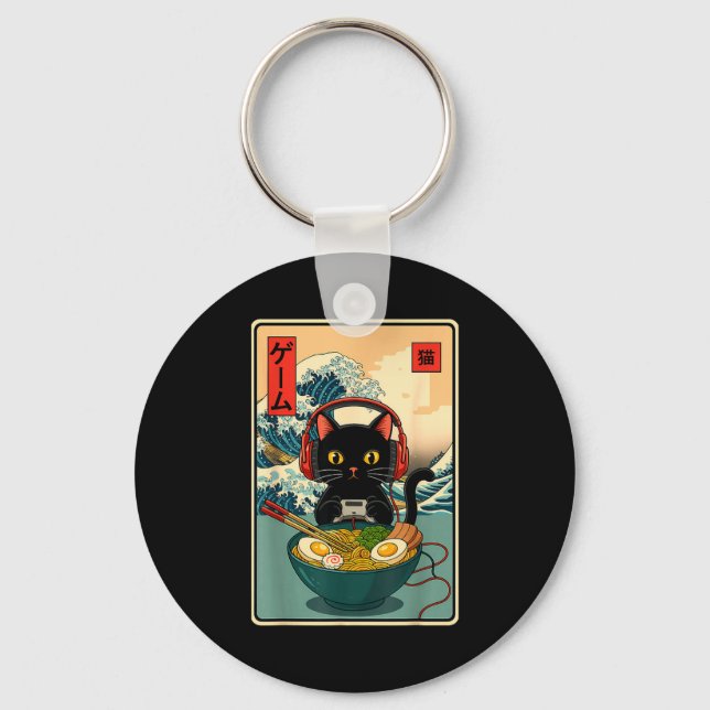 Kawaii Gamer Cat Ramen Retro Japanese Funny Cat Ga Keychain (Front)
