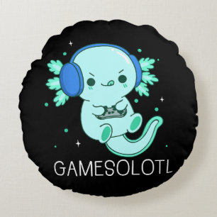 Kawaii Gamesolotl Axolotl Gamer Round Pillow